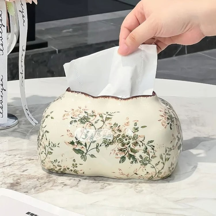 Vintage Floral Ceramic Tissue Box Decorative Napkin Holder for Living Room and Home Decor