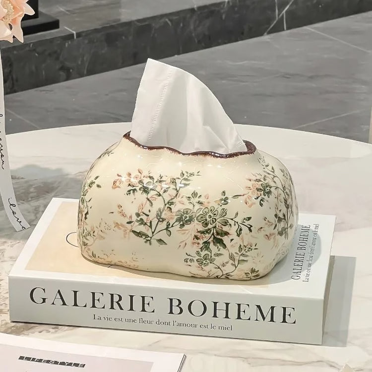 Vintage Floral Ceramic Tissue Box Decorative Napkin Holder for Living Room and Home Decor