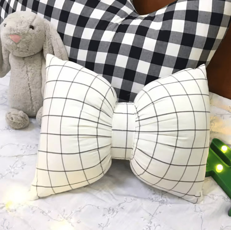 StripeBliss Plush Lumbar Support Pillow – Pink Bow Sofa & Office Cushion (25 by 18 cm / 9.8 by 7.1 in)