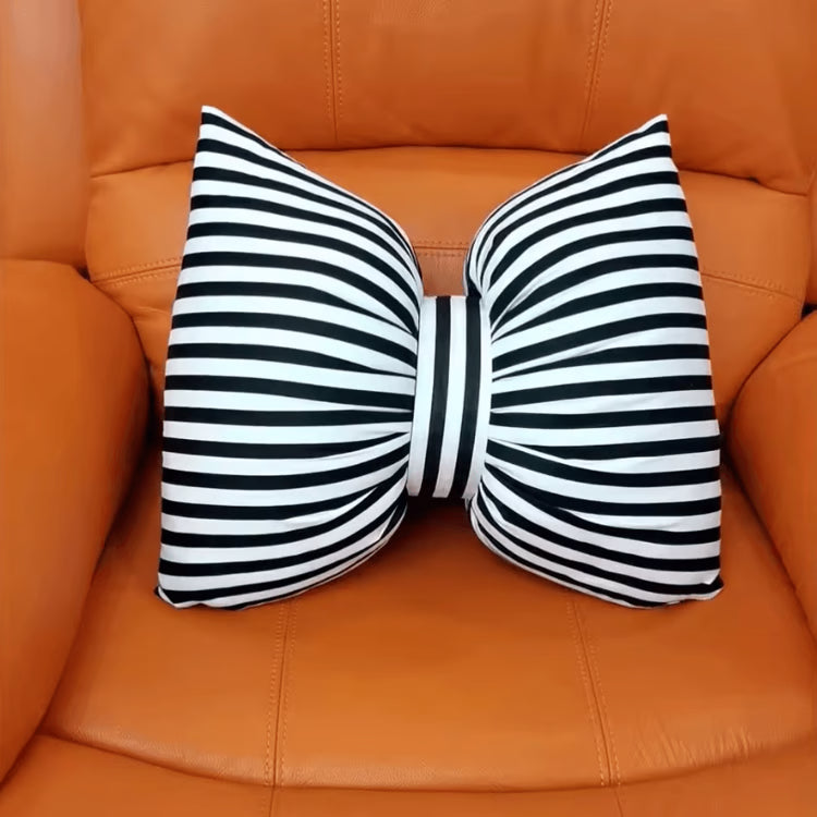 StripeBliss Plush Lumbar Support Pillow – Pink Bow Sofa & Office Cushion (25 by 18 cm / 9.8 by 7.1 in)