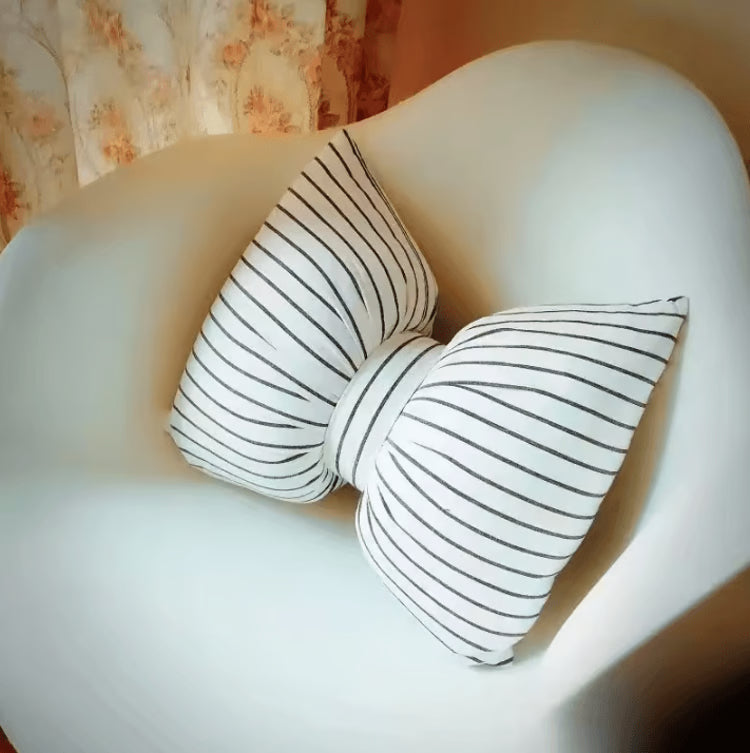 StripeBliss Plush Lumbar Support Pillow – Pink Bow Sofa & Office Cushion (25 by 18 cm / 9.8 by 7.1 in)