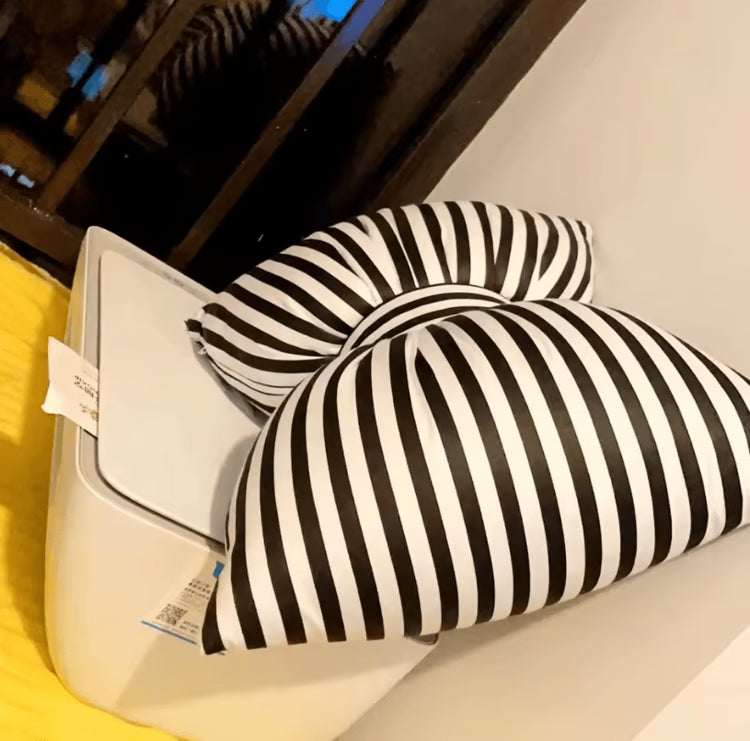 StripeBliss Plush Lumbar Support Pillow – Pink Bow Sofa & Office Cushion (25 by 18 cm / 9.8 by 7.1 in)