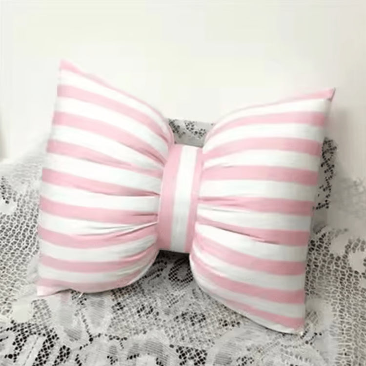 StripeBliss Plush Lumbar Support Pillow – Pink Bow Sofa & Office Cushion (25 by 18 cm / 9.8 by 7.1 in)