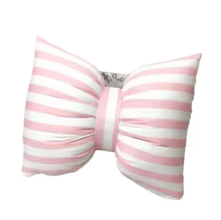 StripeBliss Plush Lumbar Support Pillow – Pink Bow Sofa & Office Cushion (25 by 18 cm / 9.8 by 7.1 in)
