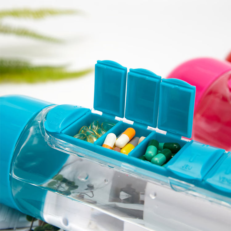 Plastic Water Bottle Combine with Medicine Box, Sports Water Cup Organizer for Pills