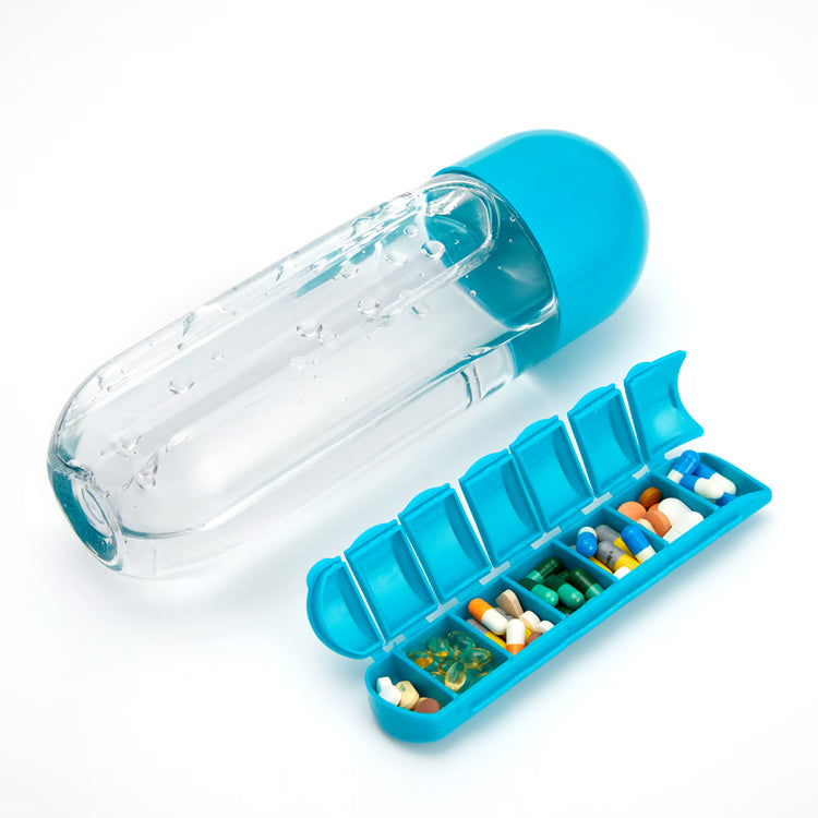 Plastic Water Bottle Combine with Medicine Box, Sports Water Cup Organizer for Pills