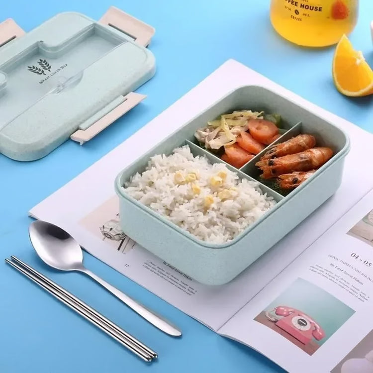 Wheat Straw Microwave Lunch Box with Spoon and Chopsticks for Kids School and Office