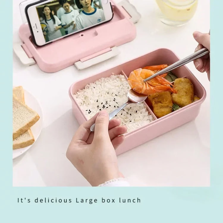 Wheat Straw Microwave Lunch Box with Spoon and Chopsticks for Kids School and Office
