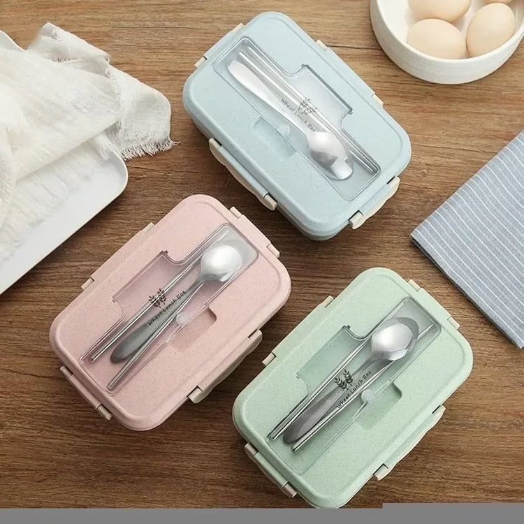 Wheat Straw Microwave Lunch Box with Spoon and Chopsticks for Kids School and Office