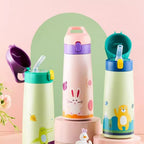 Children's Large-Capacity Stainless Steel Thermos Cup with Straw – Cute Animal Print Water Bottle for School