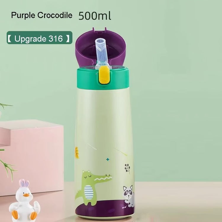Children's Large-Capacity Stainless Steel Thermos Cup with Straw – Cute Animal Print Water Bottle for School