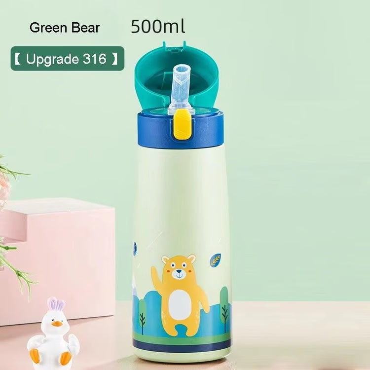 Children's Large-Capacity Stainless Steel Thermos Cup with Straw – Cute Animal Print Water Bottle for School