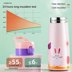 Children's Large-Capacity Stainless Steel Thermos Cup with Straw – Cute Animal Print Water Bottle for School