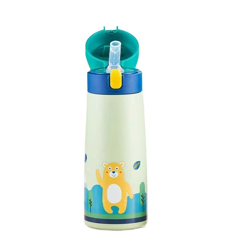 Children's Large-Capacity Stainless Steel Thermos Cup with Straw – Cute Animal Print Water Bottle for School