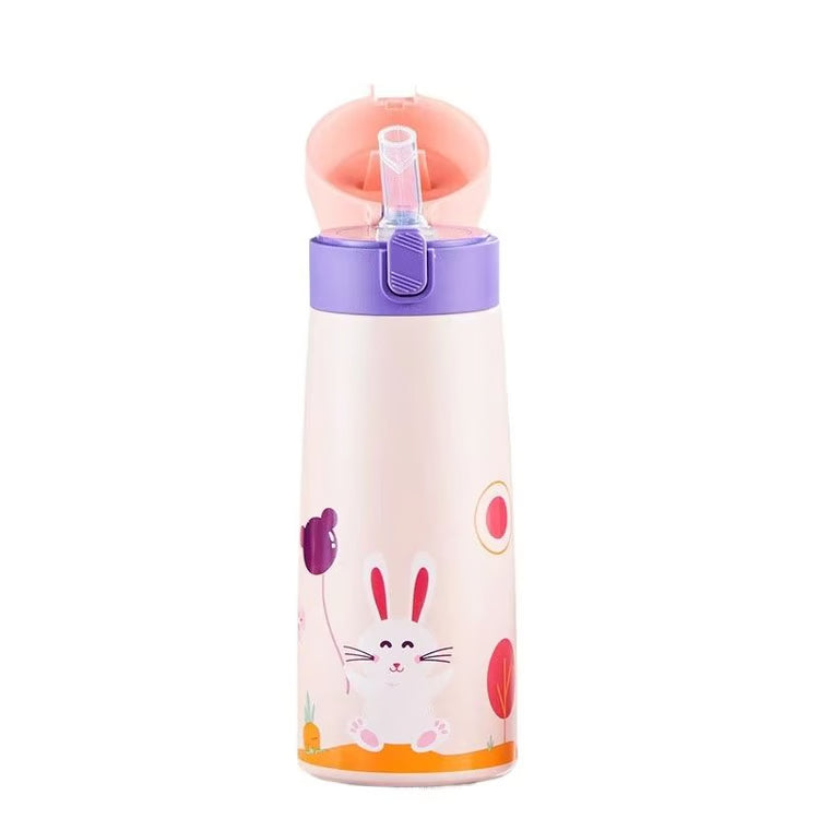 Children's Large-Capacity Stainless Steel Thermos Cup with Straw – Cute Animal Print Water Bottle for School