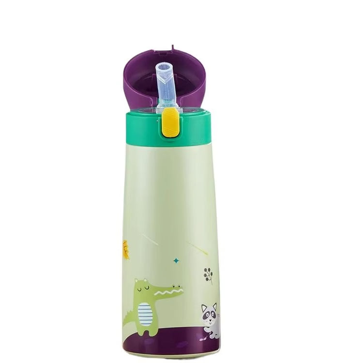 Children's Large-Capacity Stainless Steel Thermos Cup with Straw – Cute Animal Print Water Bottle for School