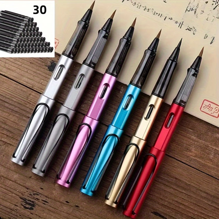 6 Pen-Type Brush Ink Sac 30 Black, Small Calligraphy Pen Soft Brush Small Block, Metal Brush Can Add Ink Water Wolf Pen